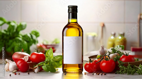 Wallpaper Mural An olive oil bottle label mockup on a kitchen countertop, surrounded by fresh ingredients like garlic, basil, and tomatoes Torontodigital.ca