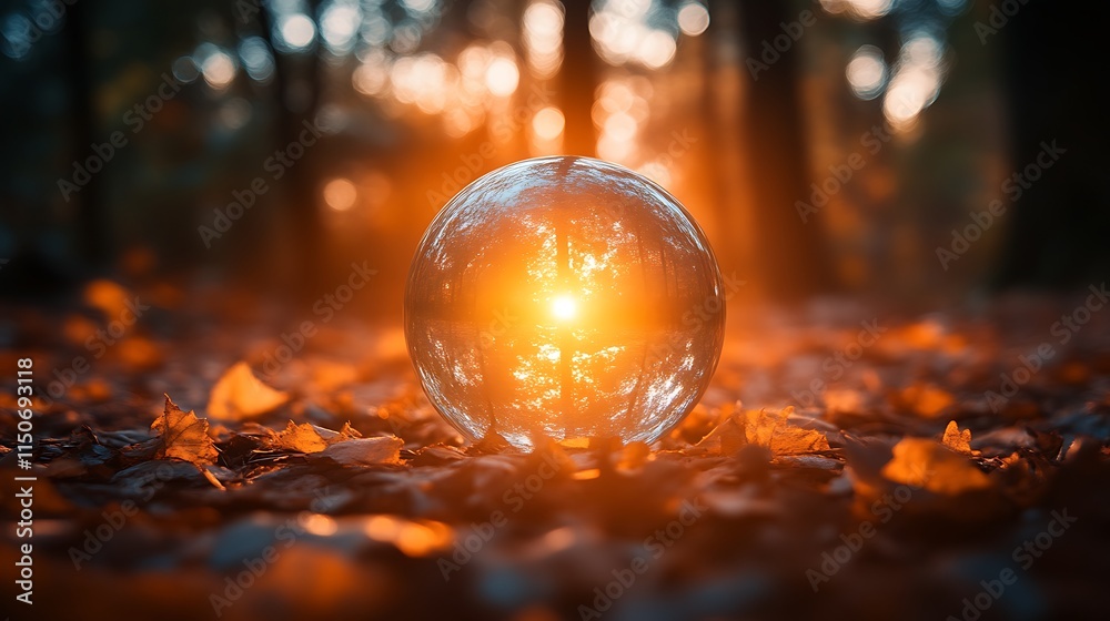 Fototapeta premium Glass Orb Reflecting Sunset In Autumn Woods
