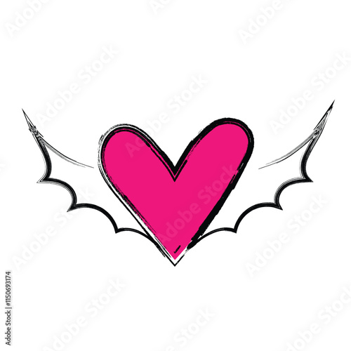 Vector pink heart with wings on white background. Vector hand drawn illustration.