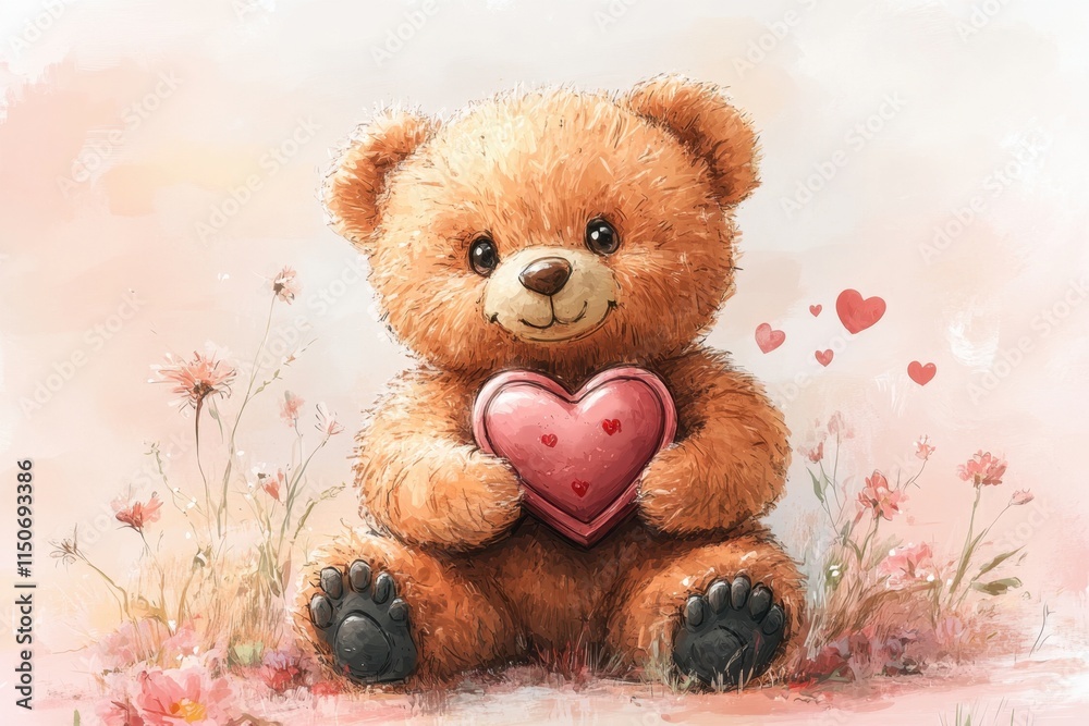 Fototapeta premium Bear with heart-shaped chocolate box on pink background with flowers and ribbons.