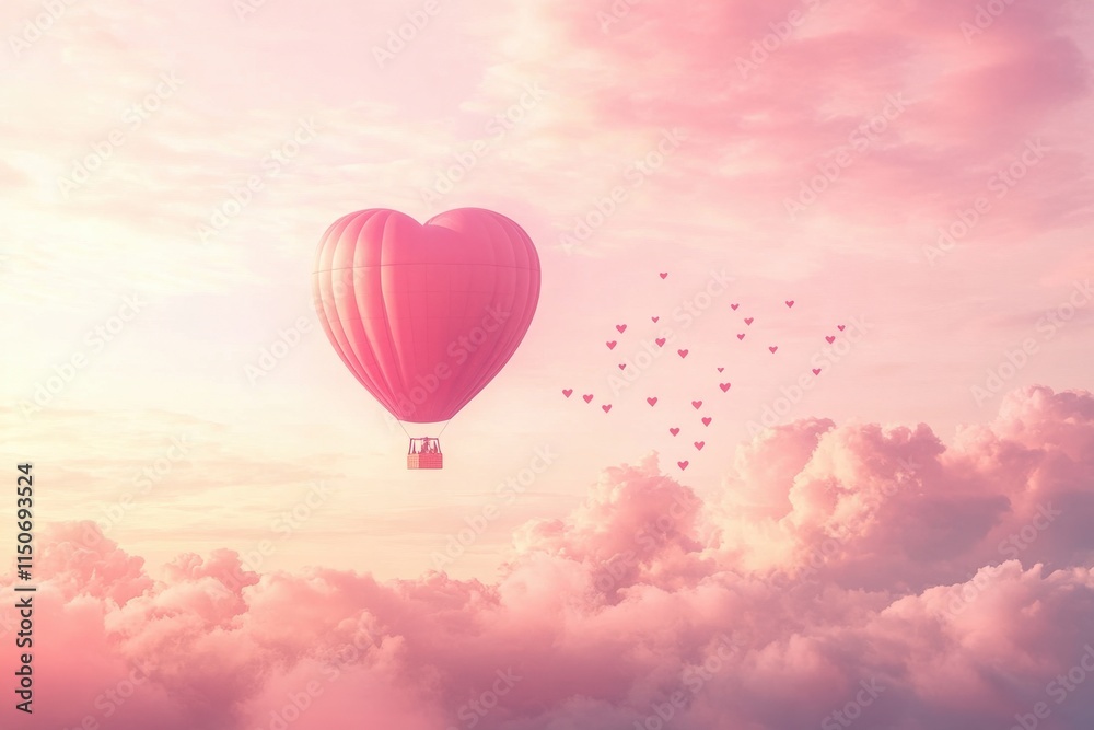 Romantic hot air balloon in heart shape with flying hearts and clouds on pink gradient.