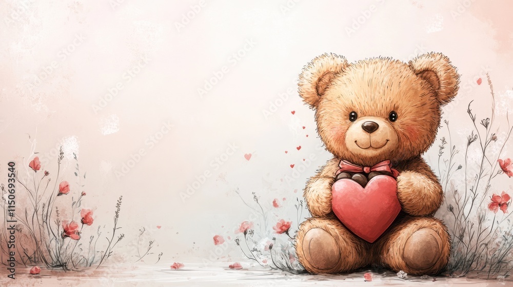 Fototapeta premium Bear with heart-shaped chocolate box on pink background with flowers and ribbons.