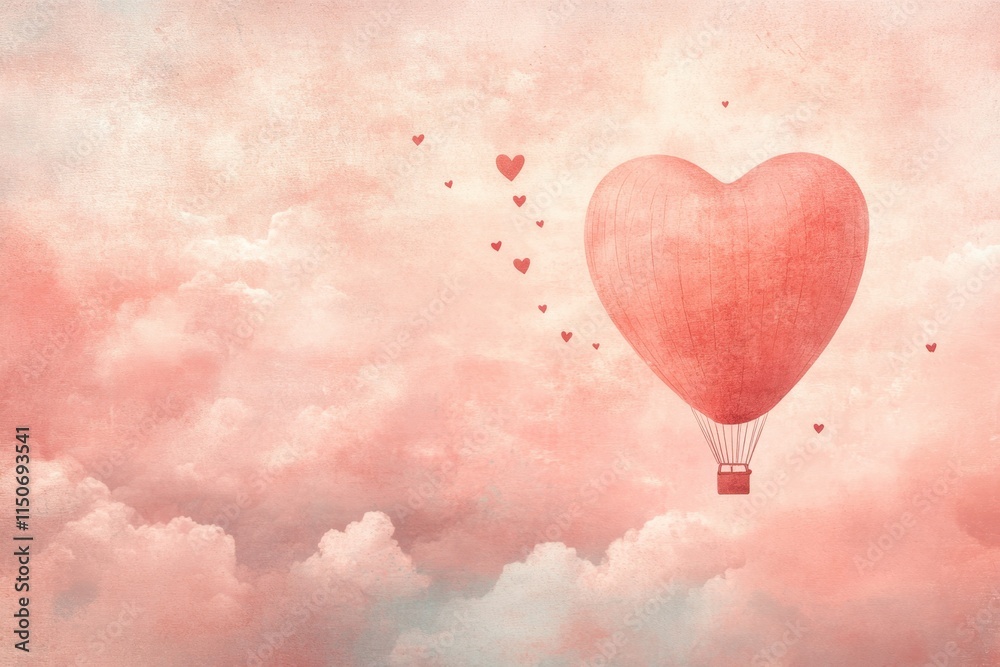 Romantic hot air balloon in heart shape with flying hearts and clouds on pink gradient.