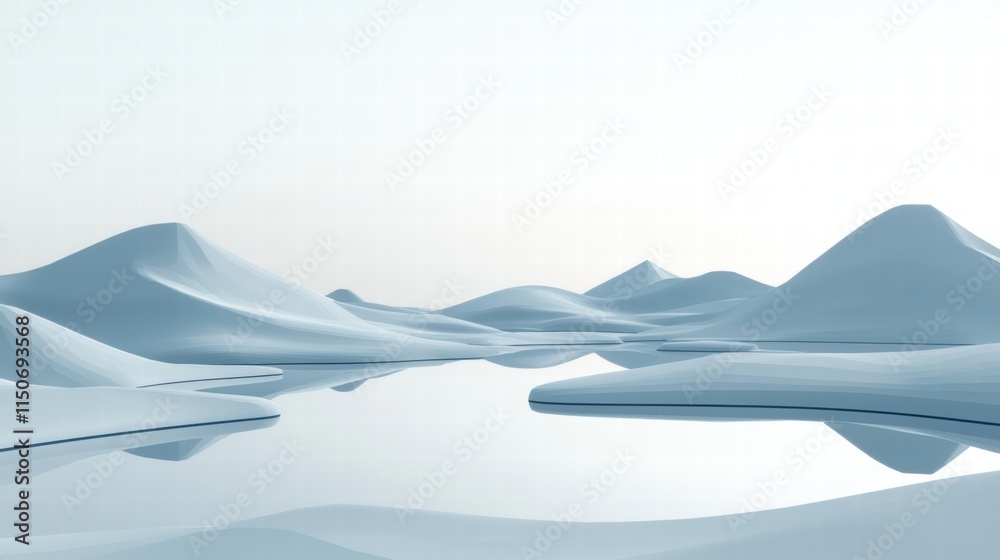 Tranquil frozen lake amid snowy hills and soft gray sky Tranquil frozen lake amid snowy hills and soft gray sky