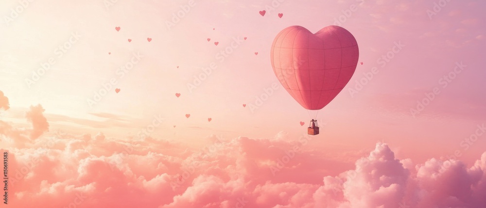Romantic hot air balloon in heart shape with flying hearts and clouds on pink gradient.