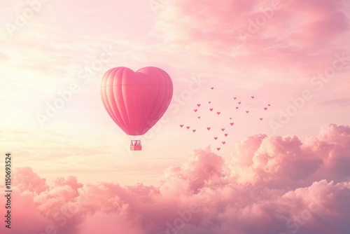 Obraz na płótnie Romantic hot air balloon in heart shape with flying hearts and clouds on pink gradient.
w salonie