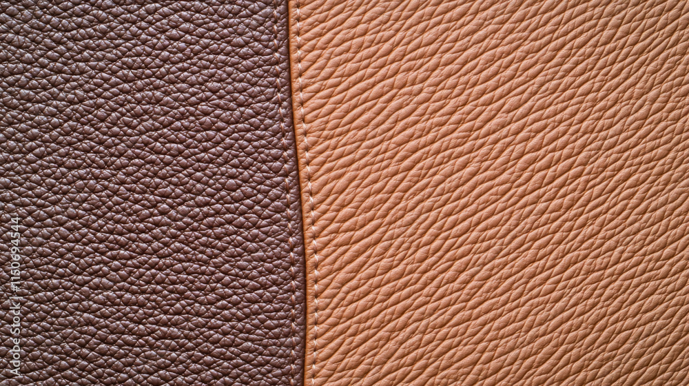 Fototapeta premium Dual-Tone Mocha Leather Background with Seam: Leather Texture with Mocha and Espresso Shades, Mocha Mousse Pantone Color of the Year 2025 Design Background