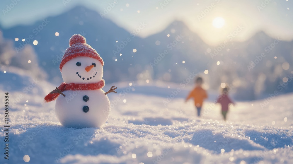 Family enjoying a snowy day with a snowman and sunny mountains Family enjoying a snowy day with a snowman and sunny mountains