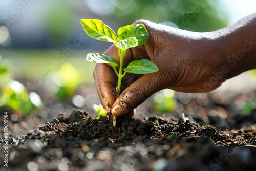 close-up shot of an African American person's hand planting a sapling in the soil, symbolizing the beginning of a new startup business venture.