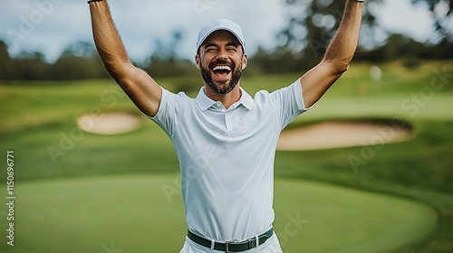 Joyful golfer celebrating victory on course.