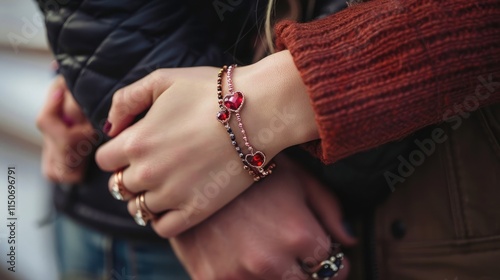 A close-up of intertwined hands with matching Valentine’s Day bracelets