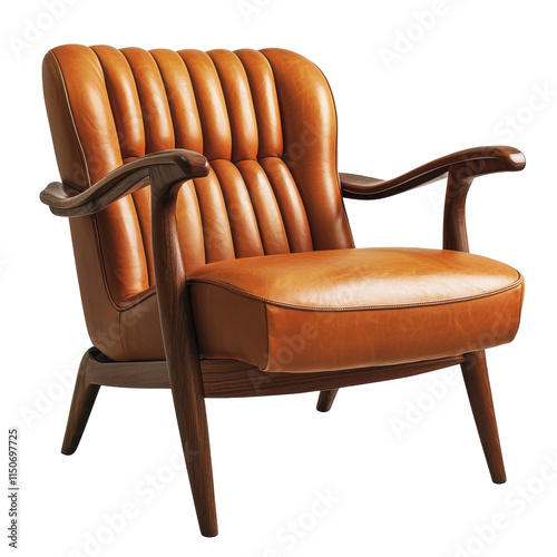 A stylish mid-century inspired brown leather armchair with a curved wooden frame, polished oak finish, and ergonomic contours, isolated on transparent background photo