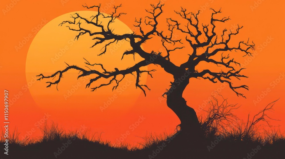 Silhouette of a dead tree against a large orange sunset. Silhouette of a dead tree against a large orange sunset.