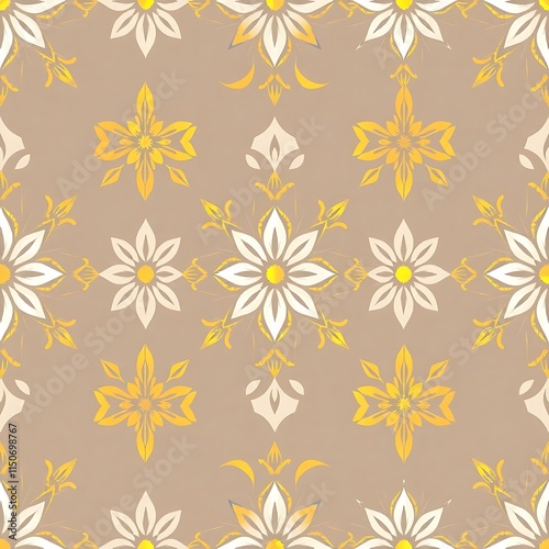 Wallpaper Mural Golden Floral Damask Pattern: A timeless and elegant pattern of intricate floral motifs in warm gold and white, set against a soft beige background. Torontodigital.ca