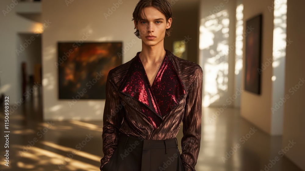 Obraz premium Man showcases mocha mousse blouse with red accents in modern art gallery
