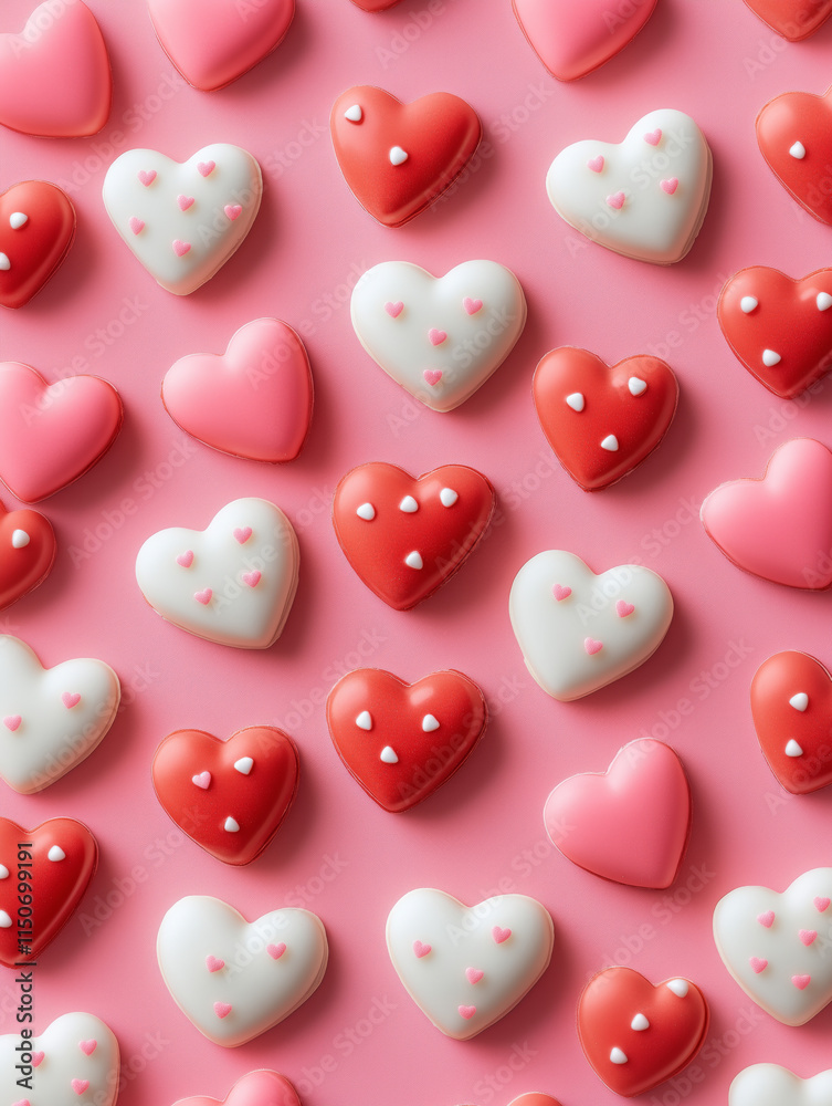 Close-up of scattered valentine's day candy hearts in pink, red, and white on solid color background for Valentine's Day. Close-up of scattered valentine's day candy hearts in pink, red, and white on solid color background for Valentine's Day.
