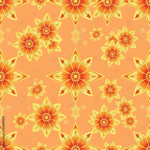 Golden Floral Pattern: Seamless and radiant, this captivating pattern features intricate yellow and orange flowers against a warm peach background.  A burst of sunshine and joy.