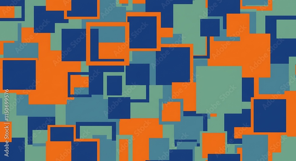 Bold abstract design with overlapping geometric shapes.  Vibrant color blocks and modern squares and rectangles.