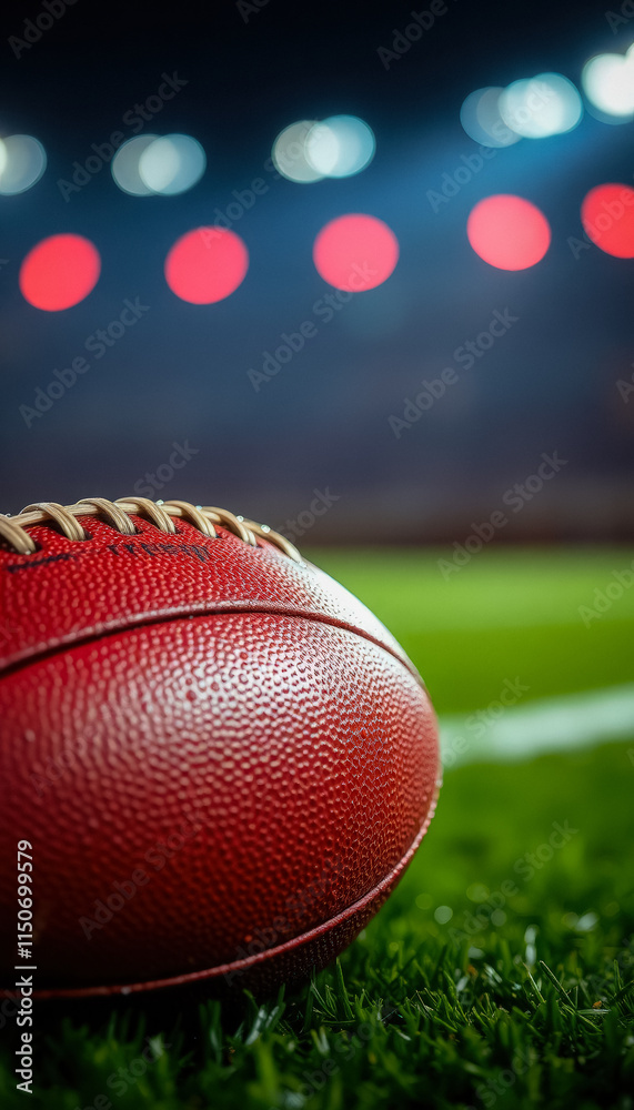 A wet football on a grass field, illuminated by stadium lights, highlights the drama and spirit of American football. A wet football on a grass field, illuminated by stadium lights, highlights the drama and spirit of American football.