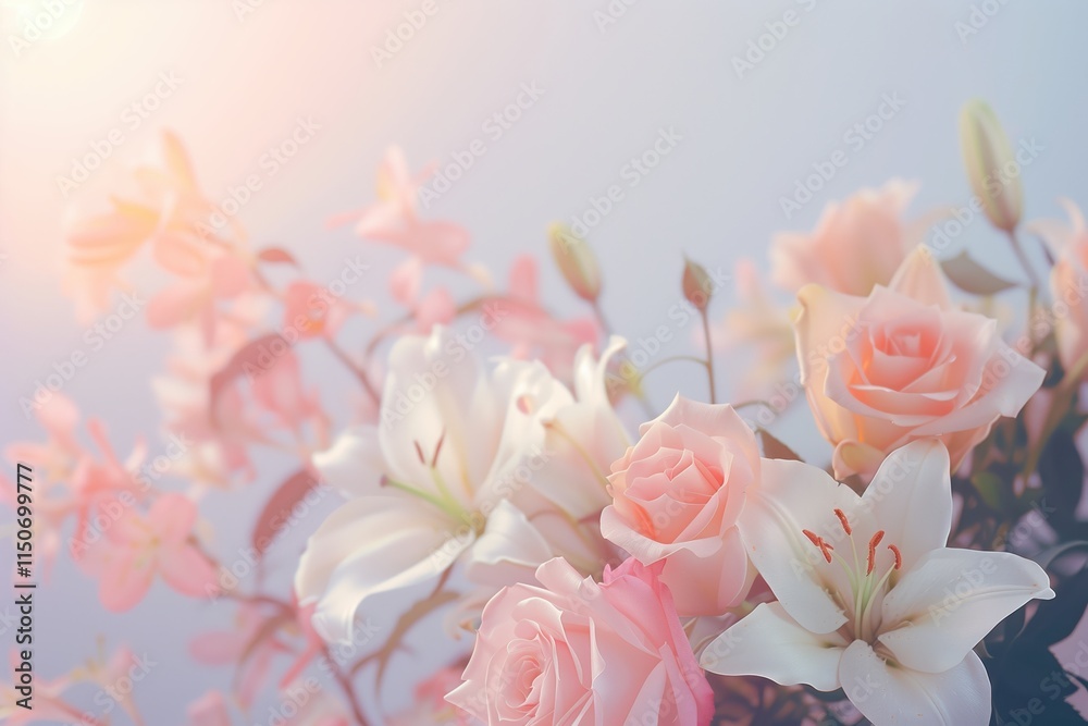 Fototapeta premium Subtle Gradient Background with Scattered Floral Foreground for Women's Day