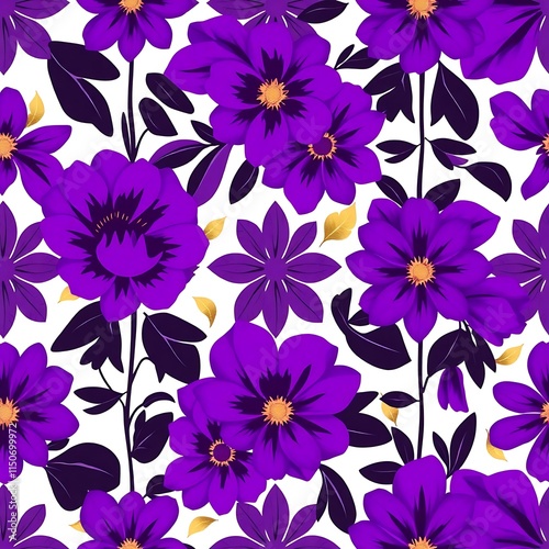 Wallpaper Mural Purple Floral Fantasy: A vibrant, seamless pattern of rich purple flowers and dark leaves creates a captivating textile design. Perfect for fashion, home decor, and surface design projects.  Torontodigital.ca
