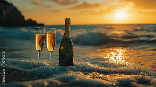 Fototapeta Naklejka Na Ścianę i Meble -  Sparkling Champagne at Sunset on the Beach