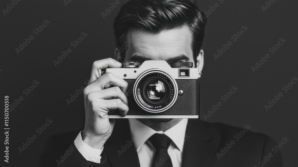 A stylish man in a suit holds a vintage camera, capturing a moment against a dark background with a focused expression. A stylish man in a suit holds a vintage camera, capturing a moment against a dark background with a focused expression.