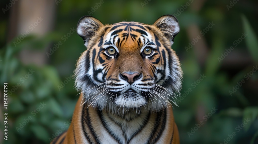 A close-up portrait of a tiger, showcasing its striking stripes and intense gaze, set against a lush, green background. A close-up portrait of a tiger, showcasing its striking stripes and intense gaze, set against a lush, green background.