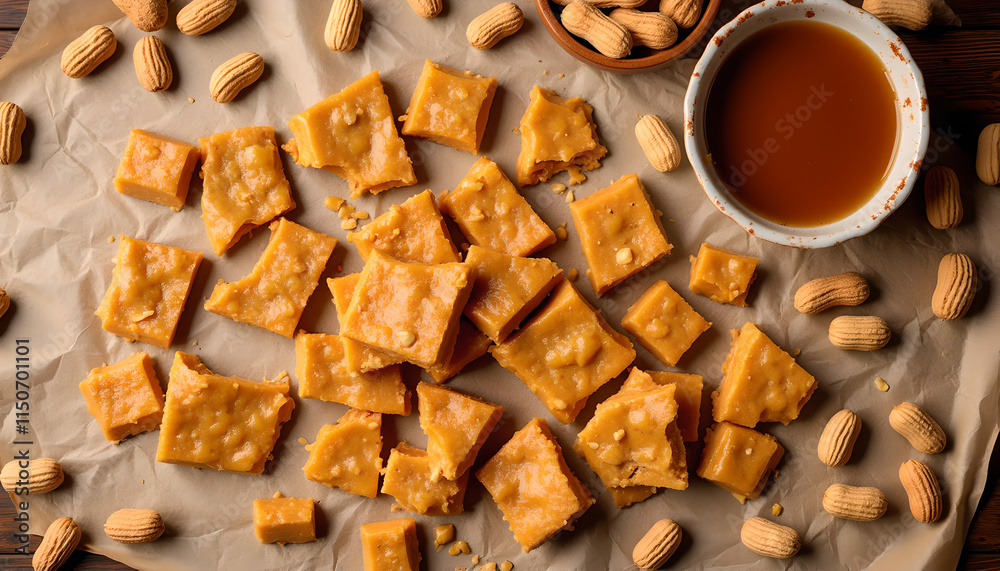 Fototapeta premium Golden peanut squares with caramel sauce and nuts