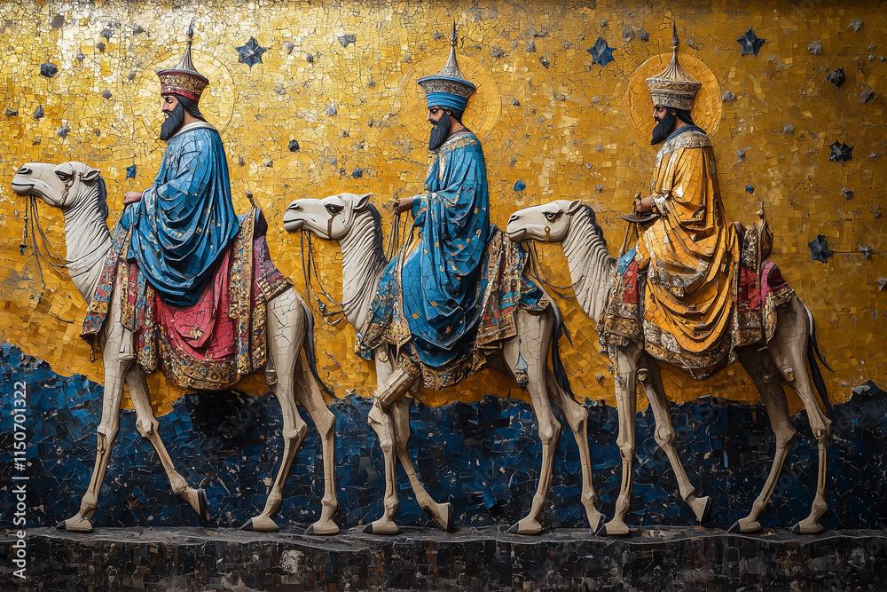 Naklejka premium Traditional scene of the Three Wise Men in a mosaic on a wall, camels, colorful clothes, golden tones.
