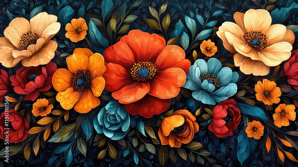 Fototapeta premium Vibrant Floral Composition with Colorful Flowers and Lush Leaves