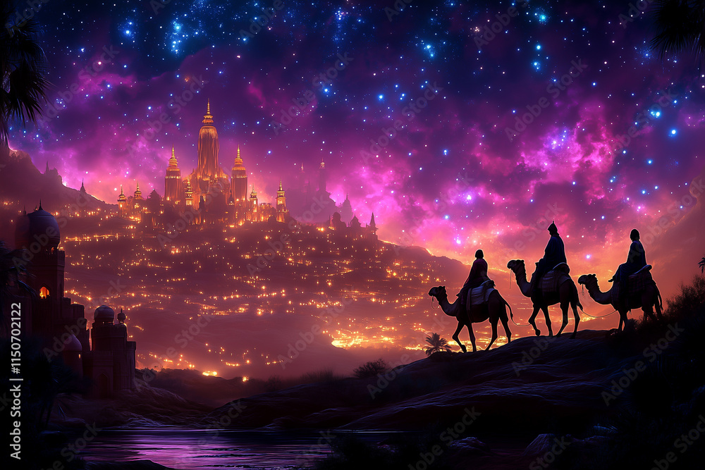 Naklejka premium The three Wise Men go to deliver gifts to a big city, riding on camels, a bright star guiding their way, cinematic lighting.