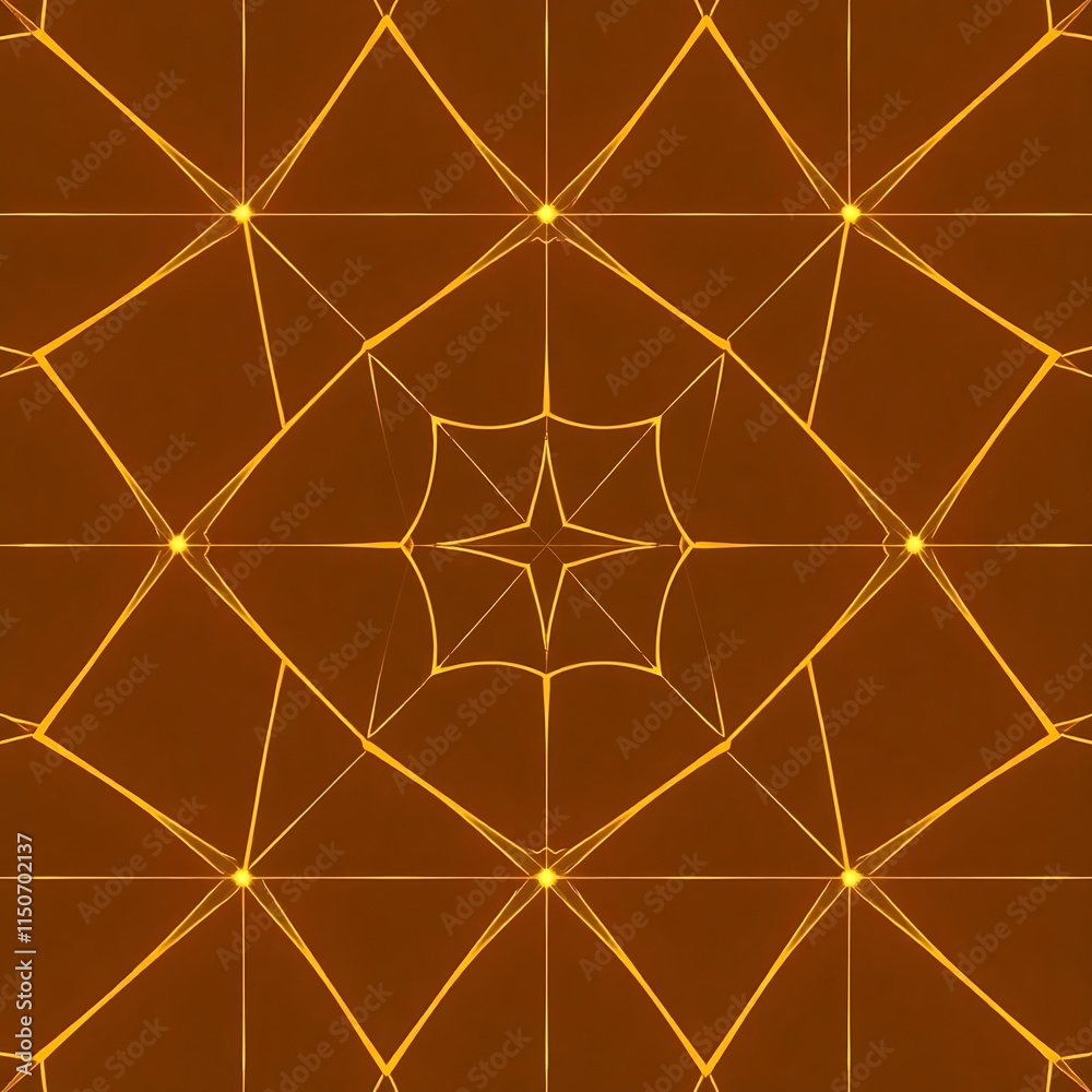 Golden Geometric Pattern: A mesmerizing, intricate pattern of gold lines and dots creates a captivating kaleidoscope of symmetry and repetition on a rich brown background. Golden Geometric Pattern: A mesmerizing, intricate pattern of gold lines and dots creates a captivating kaleidoscope of symmetry and repetition on a rich brown background.