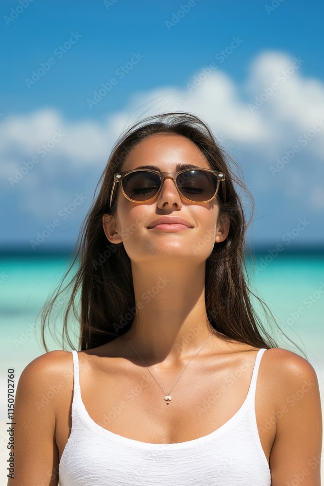 A woman is smiling and wearing sunglasses while standing on a beach. Concept of relaxation and enjoyment of the beach environment A woman is smiling and wearing sunglasses while standing on a beach. Concept of relaxation and enjoyment of the beach environment