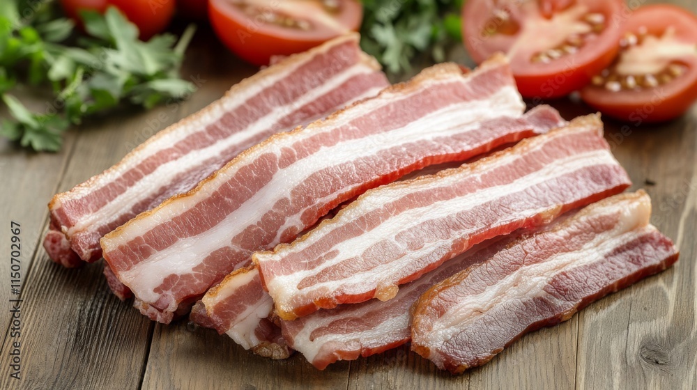 Slices of Fresh Bacon on Wooden Surface with Vegetables Nearby