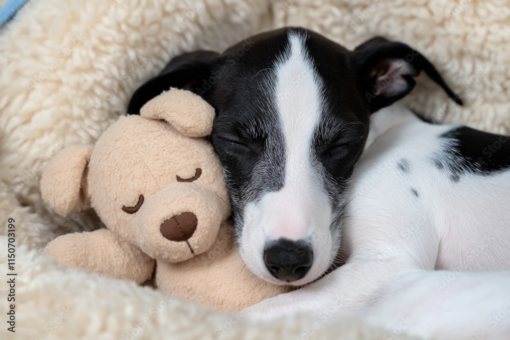 A black and white dog is sleeping with a teddy bear. The dog is small and fluffy, and the teddy bear is brown. The scene is cozy and comforting, with the dog A black and white dog is sleeping with a teddy bear. The dog is small and fluffy, and the teddy bear is brown. The scene is cozy and comforting, with the dog