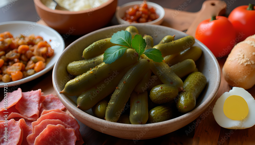 Pickled cucumbers with fresh herbs and assorted appetizers Pickled cucumbers with fresh herbs and assorted appetizers