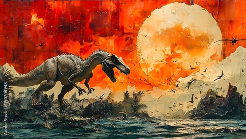 Tyrannosaurus rex roaring in a fiery prehistoric landscape photo