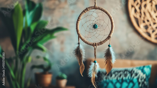 Handmade dream catcher hanging on a wall in a cozy bedroom in Scandinavian style  