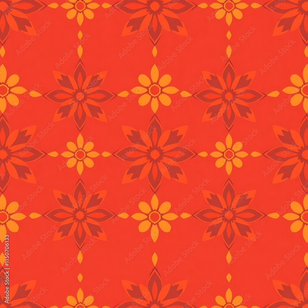 Red Floral Pattern: A vibrant and repeating design featuring stylized orange and red flowers on a rich red background. Perfect for textile prints, wallpapers, and surface design projects. Red Floral Pattern: A vibrant and repeating design featuring stylized orange and red flowers on a rich red background. Perfect for textile prints, wallpapers, and surface design projects.