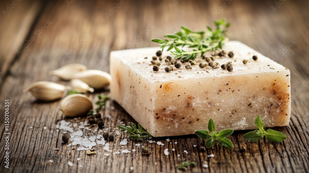 Natural Herbal Soap with Spices and Fresh Green Herbs on Wood Natural Herbal Soap with Spices and Fresh Green Herbs on Wood
