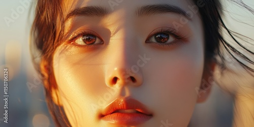 A young woman gazes directly at the viewer, her eyes sparkling in the golden light of sunset as the wind gently tousles her hair in an urban setting. Generative AI