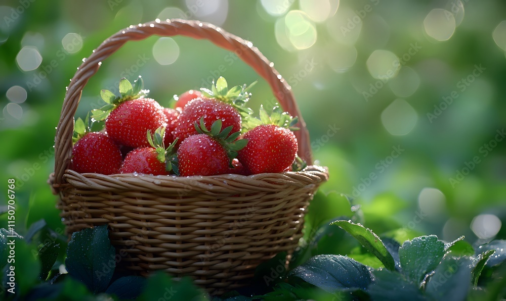 A close-up of a straw basket filled with freshly picked strawberries A close-up of a straw basket filled with freshly picked strawberries