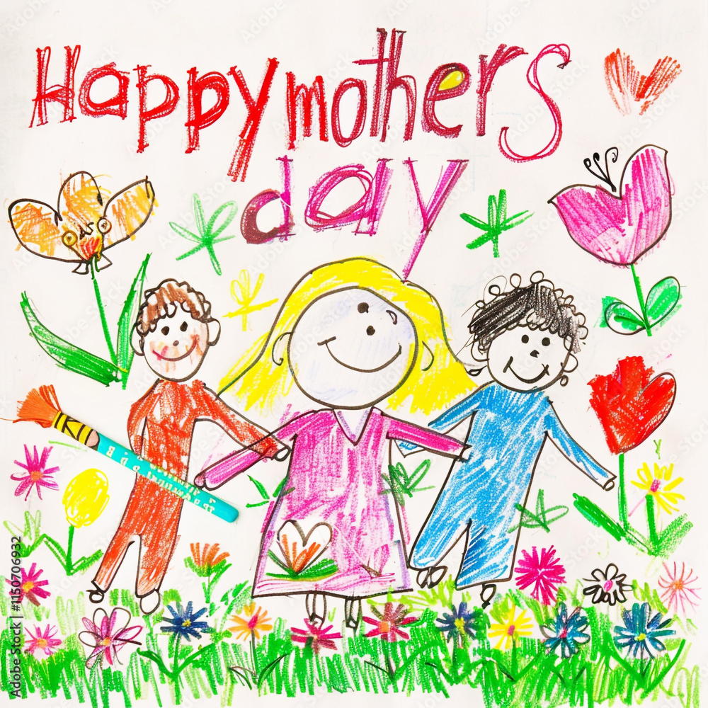 Happy Mothers Day message written on paper with markers close up, kids art concept Happy Mothers Day message written on paper with markers close up, kids art concept