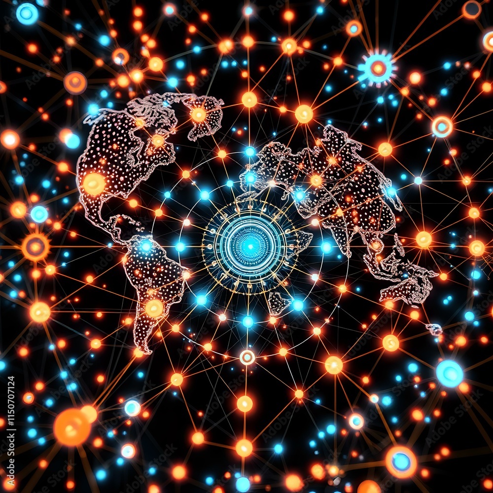 Obraz premium Cosmic Connections: Global Network in Dark Blue Glow
