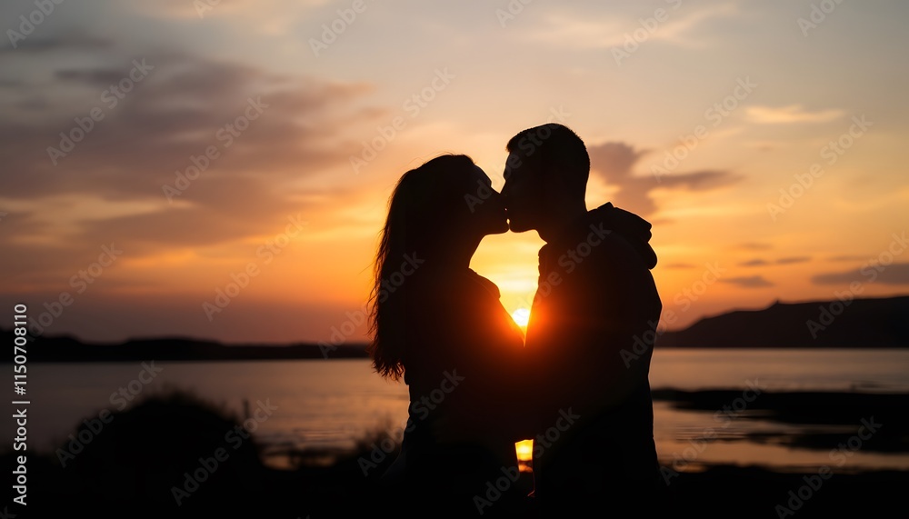 Romantic Sunset Silhouette: A Couple’s Loving Kiss