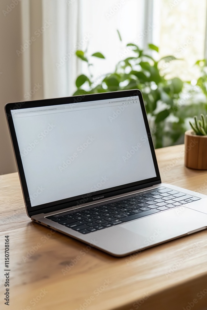 A laptop is open on a wooden desk with a potted plant in the background. The laptop screen is blank, and the plant is green and healthy. Concept of productivity and focus A laptop is open on a wooden desk with a potted plant in the background. The laptop screen is blank, and the plant is green and healthy. Concept of productivity and focus