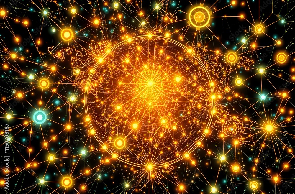 Radiant Cybernetic Art Nouveau Design: Global Quantum Internet Traffic