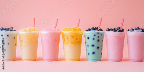 Studio photo composition of Plastic cups with different milky bobba tea with tapioca balls on a pastel background with copy space photo