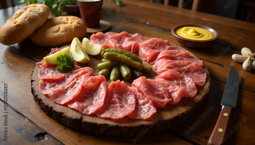 Charcuterie board with cured meats and pickles on rustic table Charcuterie board with cured meats and pickles on rustic table